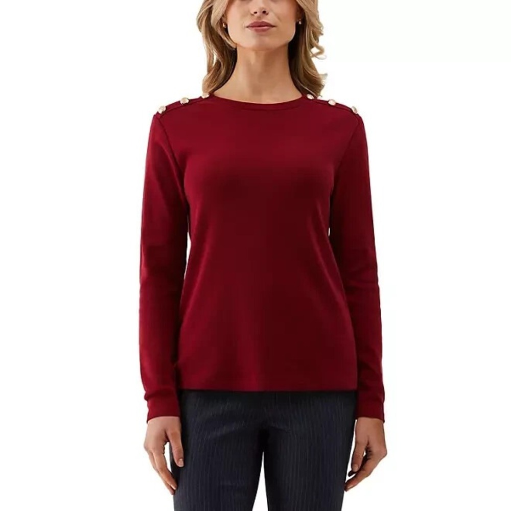 Rafaella Womens Long Sleeve Ribbed Cotton Tee Rhubarb Red XXL Gold Button Accent